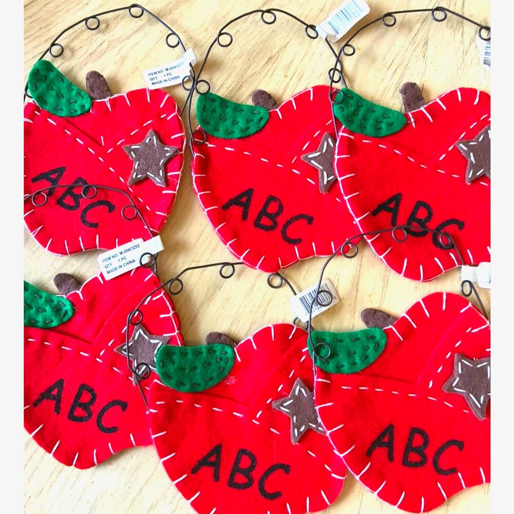 6 Red Apple Ornaments Felt Xmas Teacher Gift Artsy ABC’S Embroidered Boho Lot 6